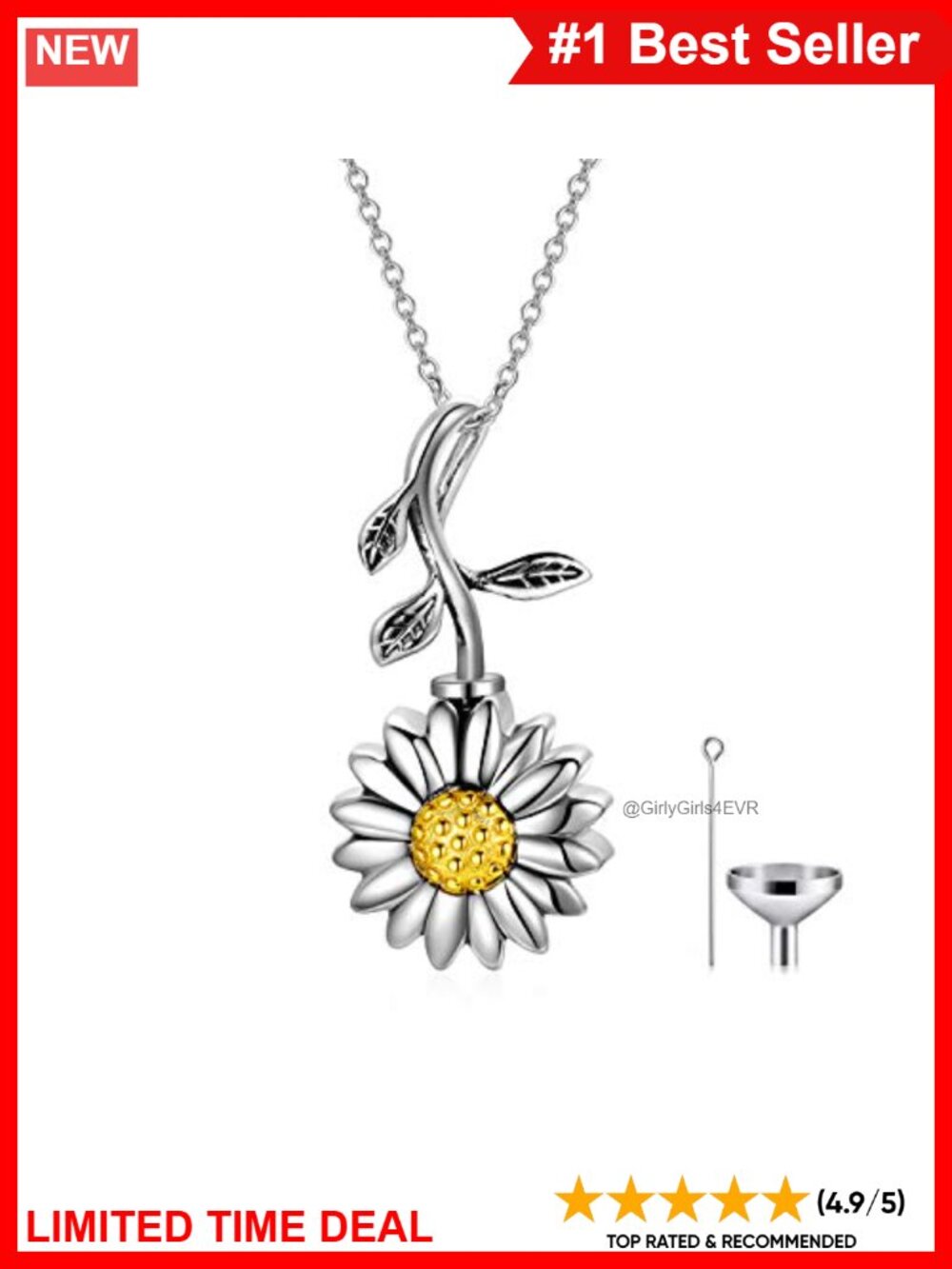925 Sterling Silver Sunflower Urn Necklace Keepsake Ashes Memorial Pendant 18in